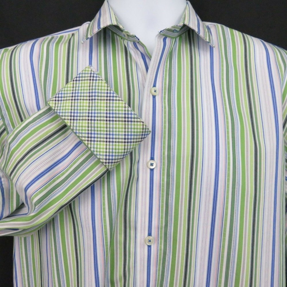 Thomas Dean Blue Green Stripe Flip Cuff Shirt XL